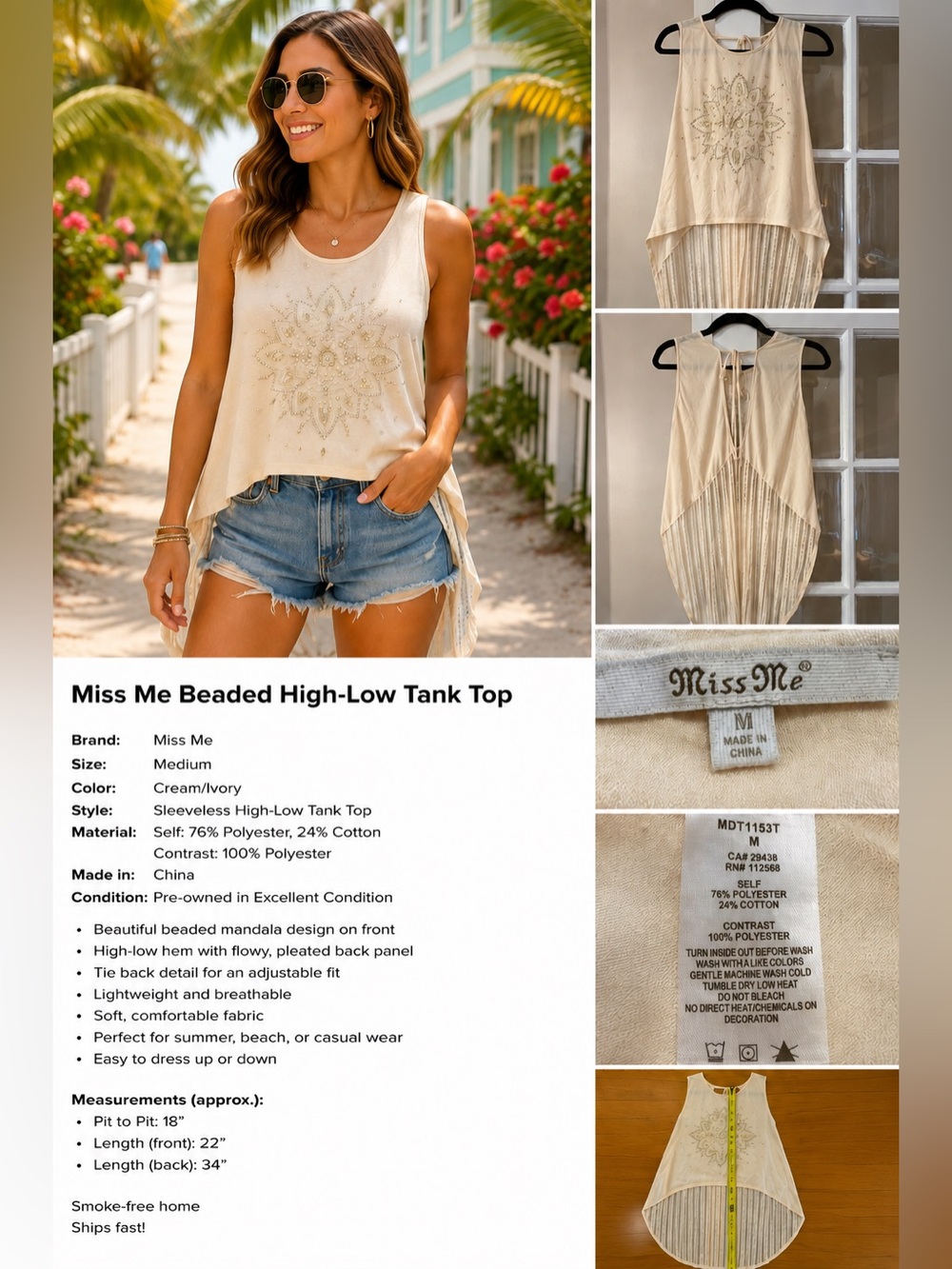 Miss Me Cream/Ivory Beaded High-Low Tank Top